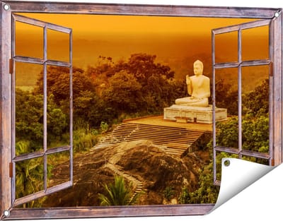 Gards Tuinposter Doorkijk Boeddha Beeld bij een Tempel in het Bos - 90x60 cm - Tuindoek - Tuindecoratie - Wanddecoratie buiten - Tuinschilderij