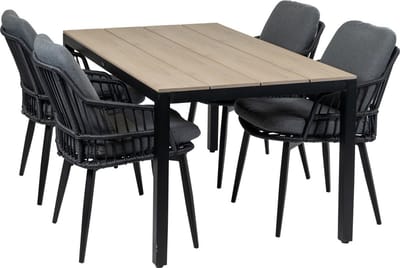 5-delige tuinset | 4 Isabel tuinstoelen (Black) | 160cm Cyprus tuintafel (Wood)