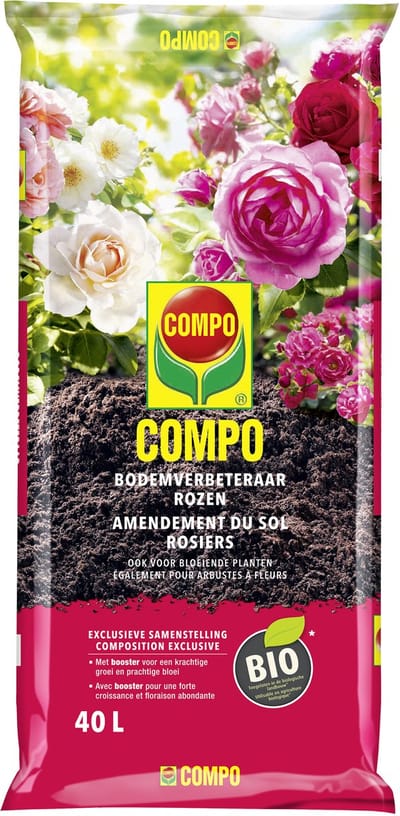 COMPO Bio Bodemverbeteraar Rozen & Bloeiende Planten - 100% natuurlijk - met booster - voor een krachtige groei en prachtige bloei - zak 40L