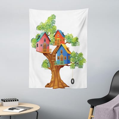 ABAKUHAUS Boomhut Tapijt, Cartoon Cottages gemaakt van zachte microvezelstof Wasbaar zonder vervagend Digitaal Print, 110 x 150 cm, Multicolor