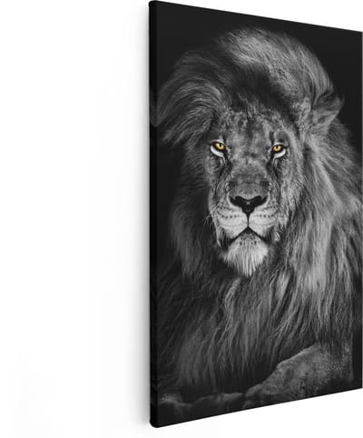 Artaza Canvas Schilderij Leeuw - 80x120 cm - Groot - Wanddecoratie Dieren - Muurdecoratie Leeuwenkop - Schilderijen Op Canvas Zwart Wit