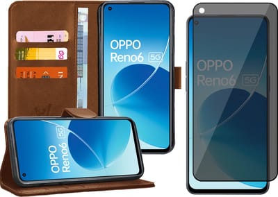 Hoesje geschikt voor Oppo Reno 6 - Privacy Screenprotector Volledig Dekkend Glas - Portemonnee Book Case Bruin