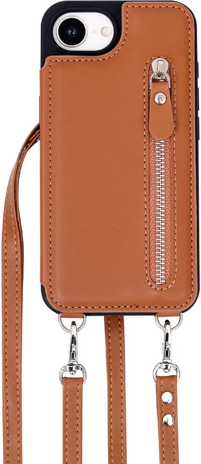 Casemania Hoesje Geschikt voor Apple iPhone 16e - Bruin - Luxe Back Cover met Koord / Rits - Wallet Case met Pasjeshouder - Lanyard Telefoonhoes - Cord Case