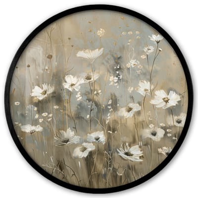 Poster in lijst Rond - Fotolijst 40x40 cm - Posters - Bloemen - Wit - Natuur - Grijs - Modern - Ronde posterlijst zwart - Decoratie - Wanddecoratie woonkamer - Muurdecoratie slaapkamer