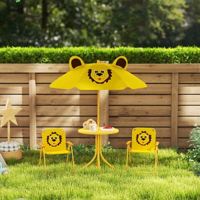 Pugsdrly Tuinmeubelset voor kinderen, stoelen, tafel, parasol, leeuwendesign, geel