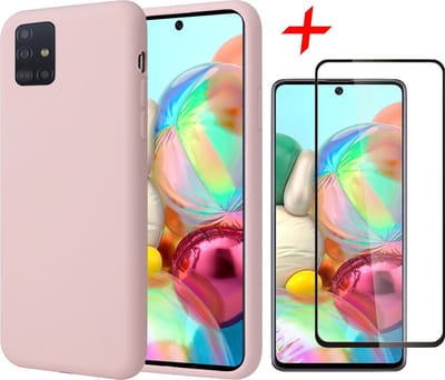 Hoesje geschikt voor Samsung A71 en Screenprotector - Liquid Siliconen Case Roze + Screenprotector Full