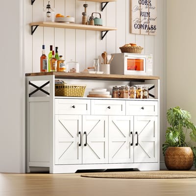 MEUNIQ Buffetkast 140 x 35 x 95 cm met 3 lades, 2 deuren en open vak, landelijke opbergkast voor keuken, eetkamer, woonkamer of hal, bruin en wit