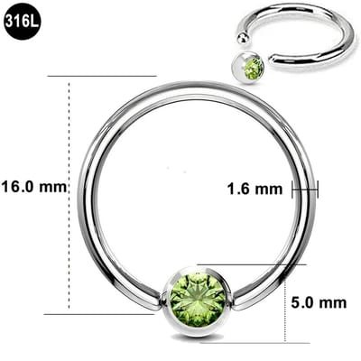 Ball Closure Piercing Ring – 1.6 mm Dikte – 16.0 mm Diameter – Chirurgisch Staal - Groene steen