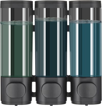 Famanu – Douche-dispenser met 3 vakken, boorvrij te monteren, geschikt voor shampoo, conditioner en bodywash, zwart design