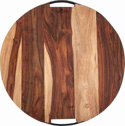 Bowls and Dishes Pure Rose Wood Duurzame Borrelplank XL | Tapasplank | Serveerplank rond | Pizzaplank - met twee metalen handvatten - 49 cm | BBQ cadeautip!
