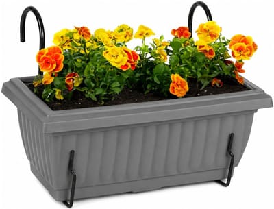 Plasticforte plantenbak Windsor - antraciet - rechthoek - met twee ophangbeugels - 33 x 18 x 15 cm - kunststof - luxe bloembakken