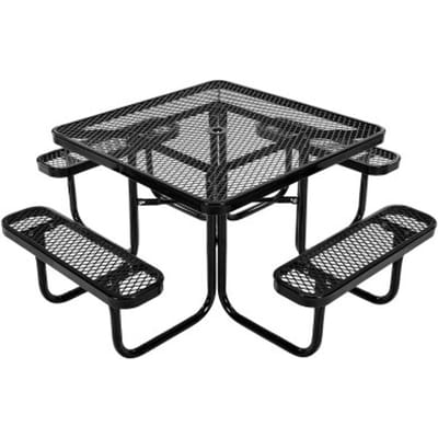 VEVOR Vierkante picknicktafel met 4 banken, weerbestendige tuinmeubelset, gecoate stalen tafels met parasolgat, tuinmeubelen voor op de veranda (zwart)