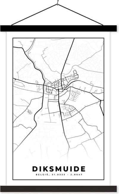 Posterhanger incl. Poster 40x60 cm - Schoolplaat - België – Diksmuide – Stadskaart – Kaart – Zwart Wit – Plattegrond - Textielposter - Zwarte latten - Stadskaart