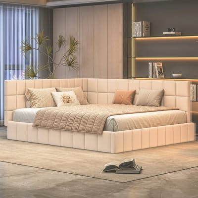 DESMIU Gestoffeerd Bed 160x200cm Midden Eeuwse Moderne Stijl Met Lattenbodem Omkeerbare Rugleuning En Armleuning Zonder Matras Beige