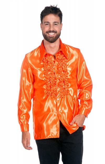 Jaren 80 & 90 Kostuum | Oranje Ruchesblouse Satijn Foute Disco | Maat 48 | Carnaval kostuum | Verkleedkleding