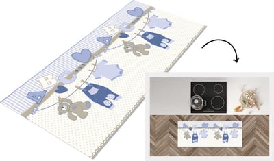 Keukenloper - Loper keuken - Baby kleren - Waslijn - Teddybeer - Patroon - 120x50 cm - Keukenloper vinyl
