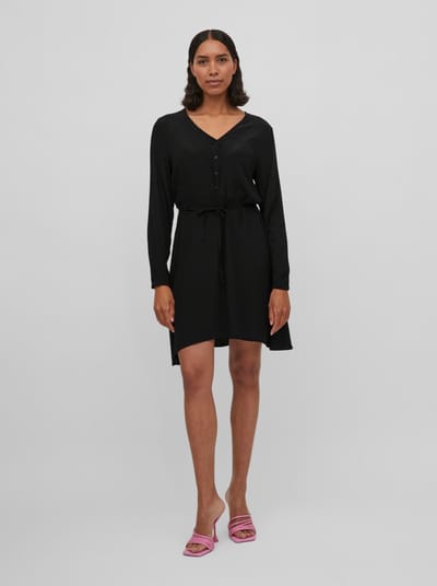 VILA VIFINI V-NECK L/S SHORT DRESS/SU - NOOS Dames Jurk Black Effen - Maat 36