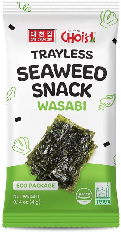DAECHUN (Choi's1) Shellless Roasted Seaweed Snacks - Wasabi Flavour 20 Pack (4g Each) | Shellless, Eco-Friendly Nori Leaves - Spicy Japanese Inspired Snack, Gluten Free, Vegan