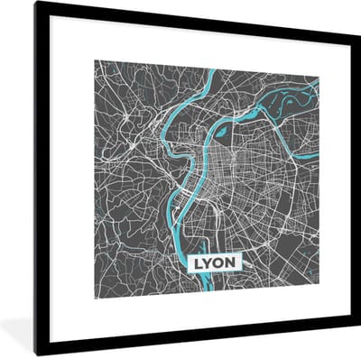 Fotolijst incl. Poster - Lyon - Kaart - Stadskaart - Plattegrond - Frankrijk - 40x40 cm - Posterlijst