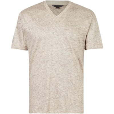 John Varvatos Wooster Regular Fit Ss Vneck With Melang Toast Maat: XS | Basic T-Shirts Outlet | Heren | Beige