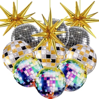 12 Multicolour Disco Ballonnen - 4D Folie Ballonnen voor Disco Thema Feest, Verjaardag, Decoratie en Mitzvahs, 55 cm