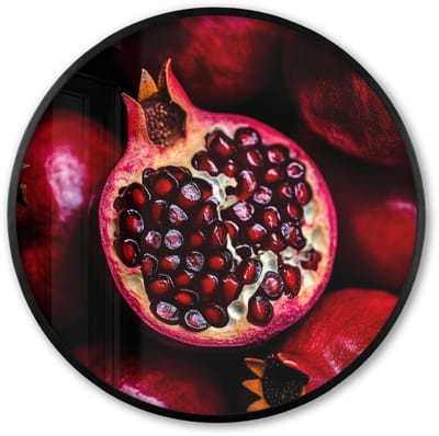 Poster in lijst Rond - Fotolijst 60x60 cm - Posters - Granaatappel - Rood - Fruit - Ronde posterlijst zwart - Decoratie - Wanddecoratie woonkamer - Muurdecoratie slaapkamer