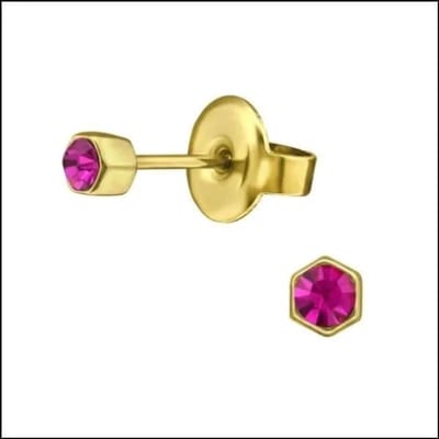 Aramat Jewels | Oorbellen | RVS Zeshoek Oorbellen met Kristal 3-6mm - Geometrische Studs | Goudkleur / 3mm / Donker Roze | | | | Kinderen, Volwassenen | Verkleurd niet