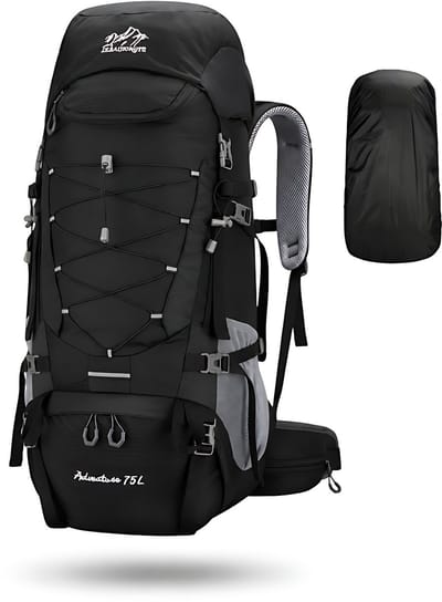 CarryQuest® 75L Campingrugzak - Waterdichte Travel Backpack met Regenhoes, Schoenenvak, Laptopvak & Rugventilatie - Zwart