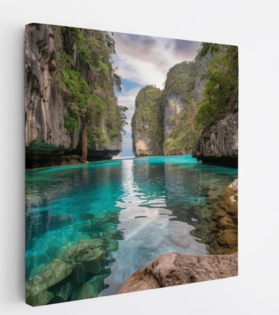 Saammp Canvas Schilderij - Blauw water tussen de rotsen - Landschap - Natuur - 20x20 - Foto op canvas - Wanddecoratie - Muurdecoratie Woonkamer - Slaapkamer decoratie - Canvas Print