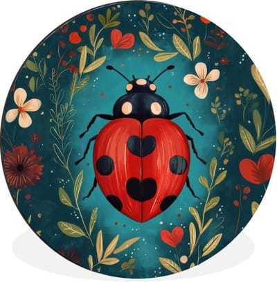WallCircle - Wandcirkel - Muurcirkel - Bloemen - Lieveheersbeestje - Hartje - Rood - Aluminium - Dibond - 90x90 cm - Binnen en Buiten