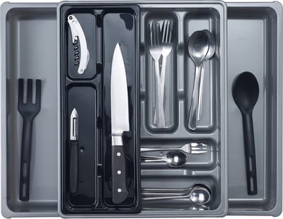 Bestekbak/keuken organizer - 9 tot 11 vaks - grijs - uitschuifbaar