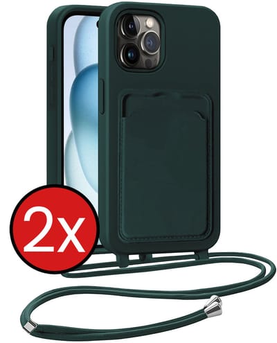 Hoesje Geschikt voor iPhone 14 Pro Hoesje Met Telefoonkoord en Pasjeshouder Siliconen - Hoes Geschikt voor iPhone 14 Pro Hoesje Met Kaarthouder Case - Donkergroen - 2 PACK