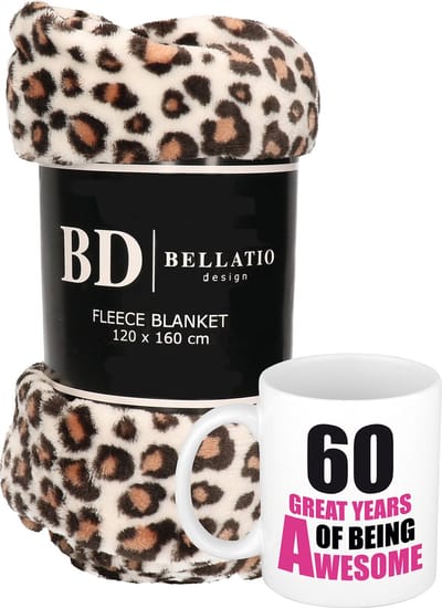 Cadeau verjaardag 60 jaar vrouw - Fleece plaid/deken luipaard print met 60 great years awesome mok