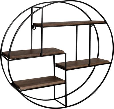 Wandplank in moderne industriële stijl - Massief hout - Metaal - Vier planken - Handgemaakt - Uniek stuk - 70 cm x 70 cm x 18 cm - Warm donkerbruin - Zwart frame - Mangohout - Gepoedercoat ijzer - 5 kg laadvermogen