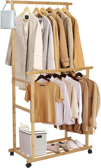 unho Bamboe Kledingrek met Wieltjes – Dubbele Hangstang – Met Schoenenrek & Broekenrek – Stabiel Garderoberek – 80×40×160 cm – Natuur
