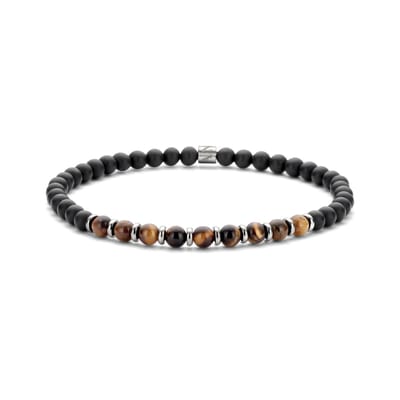 Frank 1967 7FB-0687 Kralen Armband 4mm - Agaat - Tijgeroog - Staal - Rekbaar - 19cm - Zwart - Bruin
