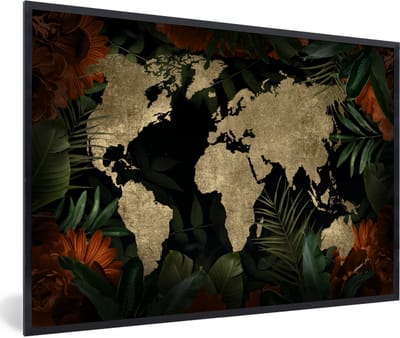 Poster in lijst - Fotolijst 90x60 cm - Posters - Wereldkaart - Vintage - Bladeren - Posterlijst zwart - Decoratie - Wanddecoratie woonkamer - Muurdecoratie slaapkamer