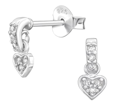 Joy|S - Zilveren hartje bedel oorbellen - oorknoppen met hangend hartje - 4 x 8 mm - zirkonia - sterling zilver 925 - kinderoorbellen