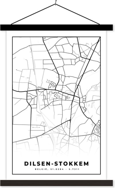 Posterhanger incl. Poster 40x60 cm - Schoolplaat - Plattegrond – Dilsen Stokkem – Zwart Wit – Stadskaart - Kaart - België - Textielposter - Zwarte latten - Stadskaart