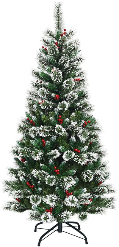 COSTWAY 150/180/210/240 cm kunstkerstboom met rode bessen, sneeuwbedekte dennenboom met metalen standaard, pvc- en dennennaalden, kunstboom, kerstklapsysteem (180 cm)