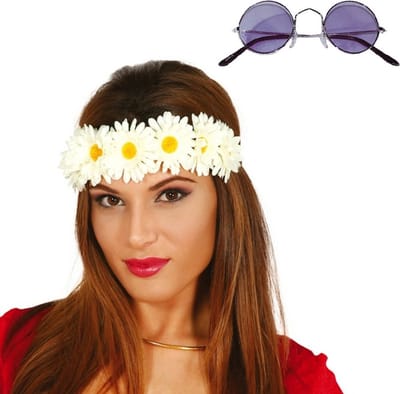 Fiestas Flower Power verkleed accessoires dames - Bloemen hoofdband - Hippie bril ronde glazen in het paars thema - Sixties thema