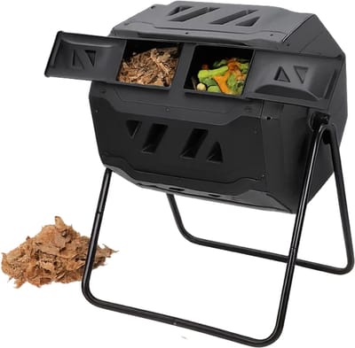 Lomera Compostmolen 160 Liter - Roterend Compostsysteem - Kunststof En Metaal - 360 Graden Roteerbaar - Dubbele Kamer Composter - Ventilatiegaten - Metalen Frame - Tuin Compostbak - Zwart Kunststof