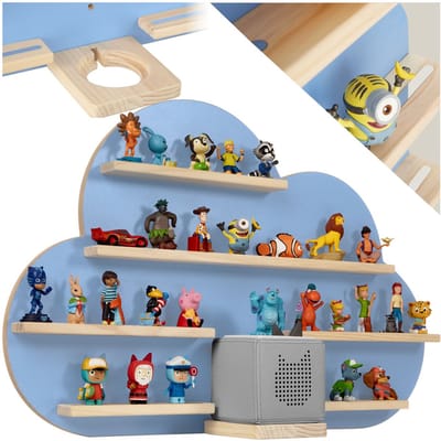 tectake® Wandrek MyLittleStory Cloud - Wandplank - Speelgoedkast - Speelgoedrek voor 28 Tonies - Toniebox figuren - Massief hout met Metalen Strips voor Magnetische Bevestiging - Letterbak Hout - Display - Blauw