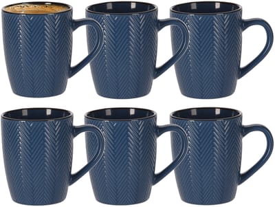Siaki Koffiemok/theemok - 6x - Fishbone - blauw - 370 ml - mokken - keramiek