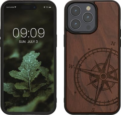 kwmobile telefoonhoesje geschikt voor iPhone 15 Pro Max - Hoesje met bumper - hout - In donkerbruin Vintage Kompas design