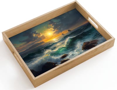 Dienblad hout 40x30 cm - Schootdienblad - Zee - Zon - Golven - Rotsen - Borrelplank rechthoek - Plateau dienbladen