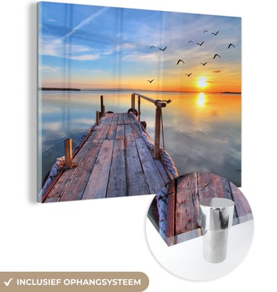 Glasschilderij - Foto op glas - Steiger - Water - Vogels - Natuur - Acrylglas - Schilderij glas - Acrylplaat - Wanddecoratie - 160x120 cm - Glasschilderij natuur - Muurdecoratie