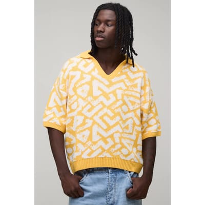 Oversized Boxy Abstract Jacquard Knitted Polo T-Shirt | Yellow | Size Small