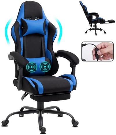 Delman Ergonomische Gamingstoel met Massagefunctie – Bureaustoel met Hoofdkussen, Lendenkussen met 2 Massagepunten, Uitschuifbare Voetsteun, Verstelbare Hoogte & Rugleuning tot 135°, 360° Draaibaar, Belastbaar tot 150kg