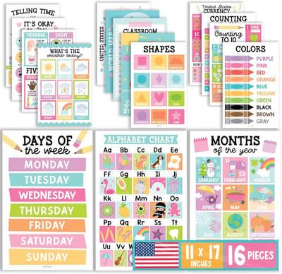 Educatieve Posters - Klaslokaal Grafieken - Leren Lesgeven - 16 Gelamineerde Vellen - 11x17 Inch - Kleurrijk Pastel